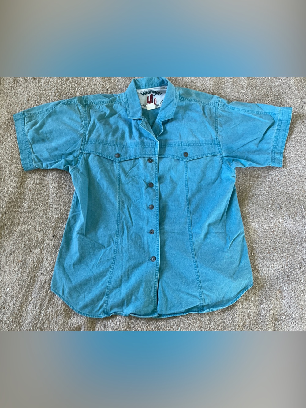 Vintage Wrangler Cotton Metal Button Slim Medium Blue Painted Desert Y2K Shirt